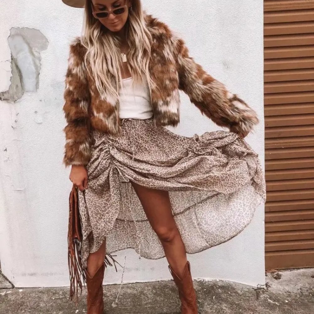 Khaki Leopard Print Boho Midi Skirt